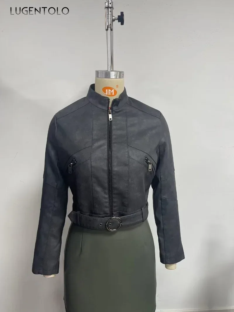 Veste de motard en similicuir PU pour femme, cardigan zippé, manteau High Street Wear, ceinture à manches longues, mode extérieure élégante, automne, 2024