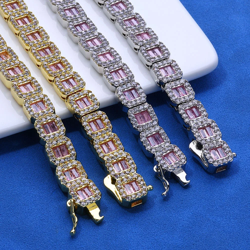 Gioielli Hip Hop Bling Collane da tennis 8mm Nuovo design Ragazze Baguette ghiacciate Rosa CZ Catena da tennis pavimentata Regalo per feste
