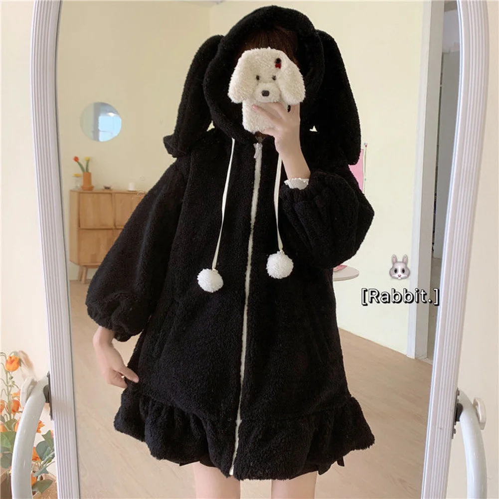 Autumn Winter Pullover Fluffy Rabbit Ears Hoodie Casual Wear Kawaii Style Long Sleeve Design Slight Stretch Fabric