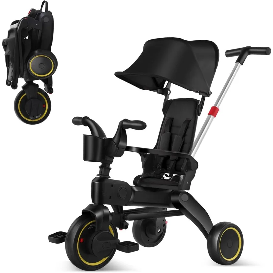 5-in-1 Compact Foldable Tricycle - Suitable for Toddlers 10 to 36 Months Push Tricycle Bike for Toddlers with Removable Handle