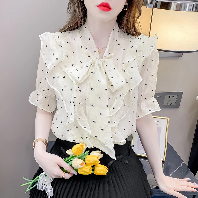 

French Style High-End Tie Ruffle Polka Dot Blouse for Women Summer Unique Design Loose Short Sleeve Chiffon Shirt
