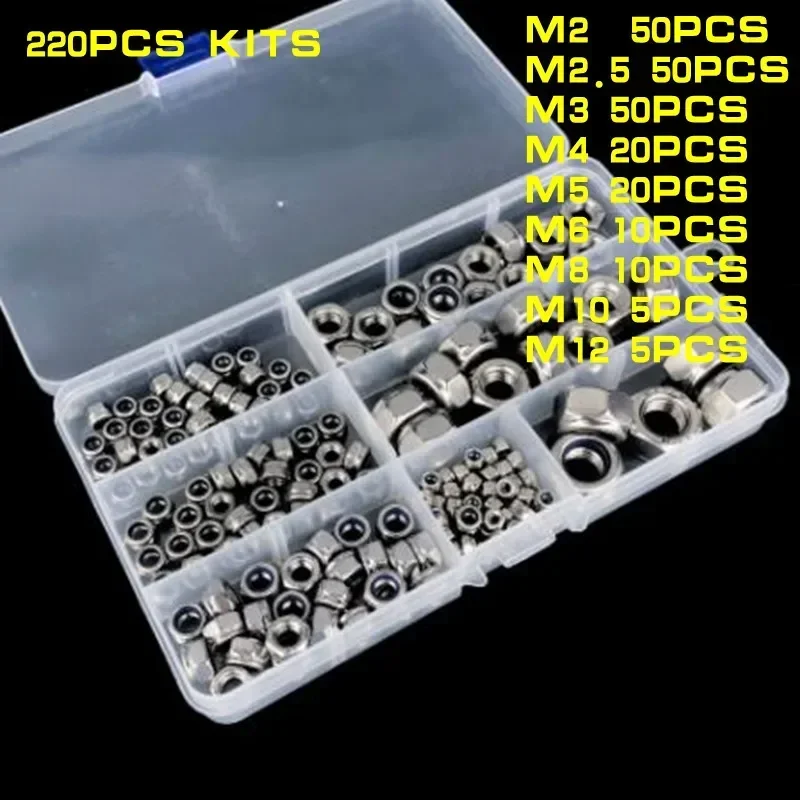 100-220pcs DIN985 M2-M12 Stainless Steel or black steel Hex Nylon Self locking Nut Assortment Kit