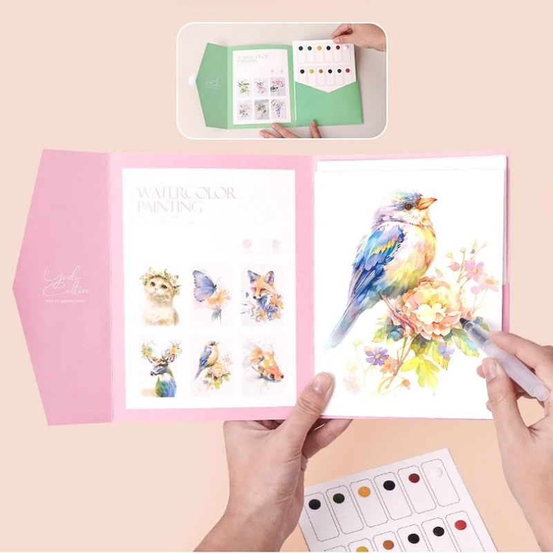 Juego para colorear de acuarela con pincel para pintar, pintura para colorear, copia de álbum, borrador de línea para principiantes, suministros de arte de pintura portátiles