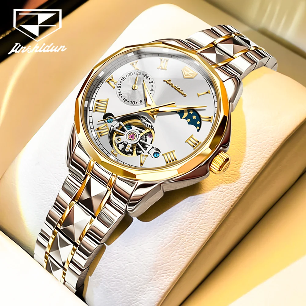 JSDUN 8937 Automatic Watch for Women Hollow Flywheel Original Mechanical Women's Watches Moon Phase Waterproof Ladies Wristwatch