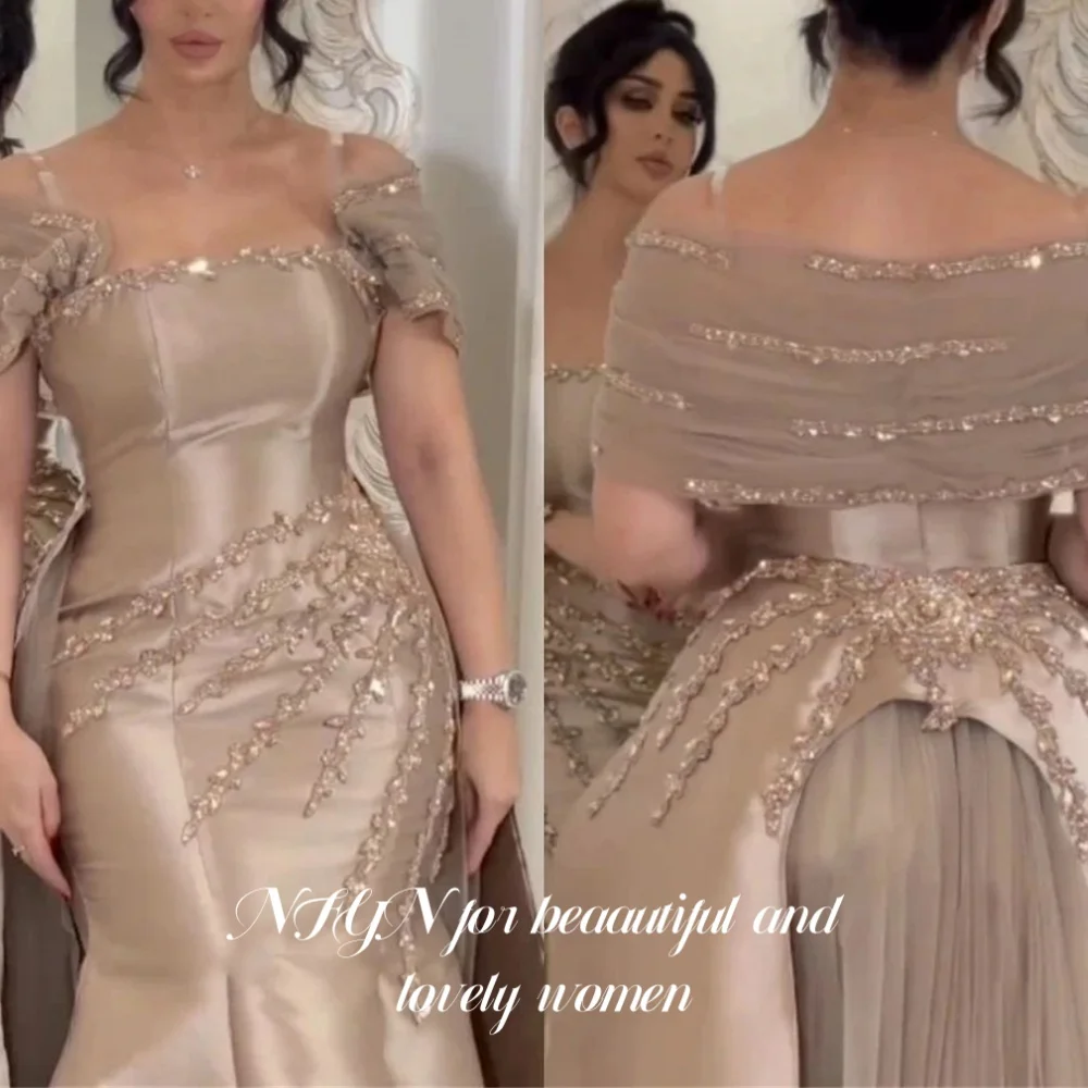 

NFYN Champagne Elegant Dress Off the Shoulder Pleat Satin Prom Dresses Sequins Mermaid Evening Dress robes de soirée Customized