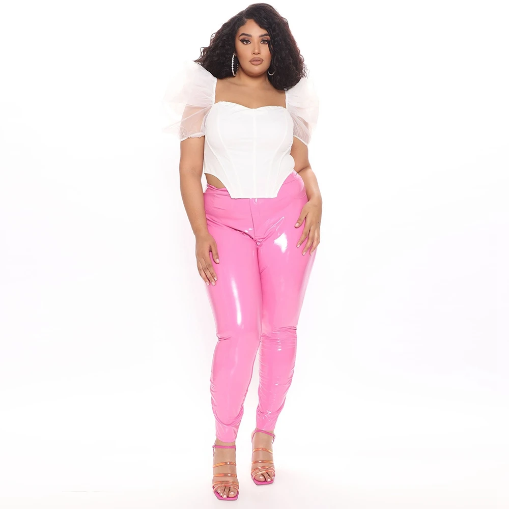 Women Patent Leather Plus Size Pencil Pants High Waist Sexy Big Size PU Pencil Trousers Push Hip Bodycon Nightclub Wear Custom