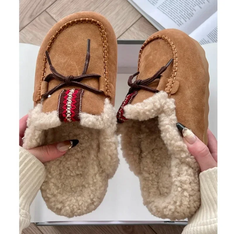 

2025 Winter New Butterfly Knot Suede Thick Bottom Fur Slippers Women's Flat Shoes Warm Shoes Plush Casual Fashion Women's Shoes