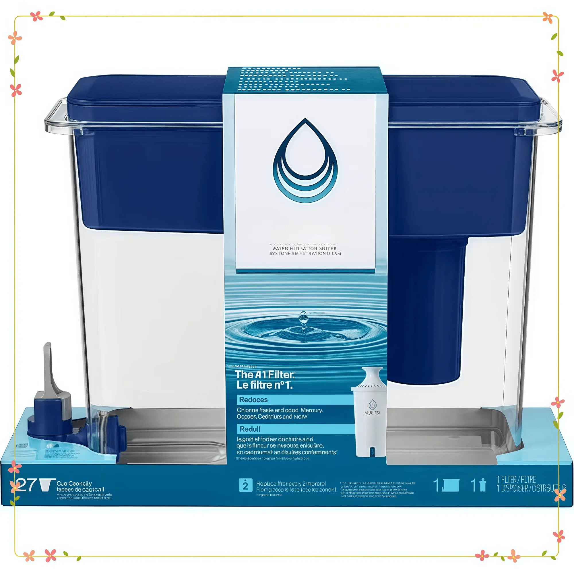 Dispensador de agua azul de 27 tazas con filtro estándar, capacidad extra grande para el hogar y la oficina, diseño sin BPA
