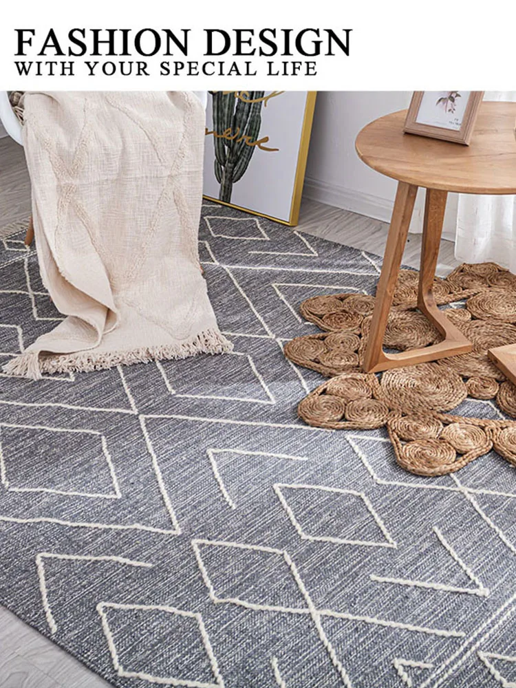 Wool Cotton Woven Living Room Carpet India Handmade Bedside Blanket Nordic Simple Carpets for Bedroom Study Home Decoration