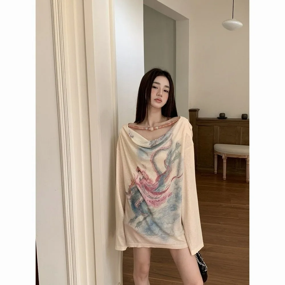 

Новая женская футболка большого размера в китайском стиле с принтом дракона, свободный крой, эстетический топ феи, модный топ с небесным сердечником 2025