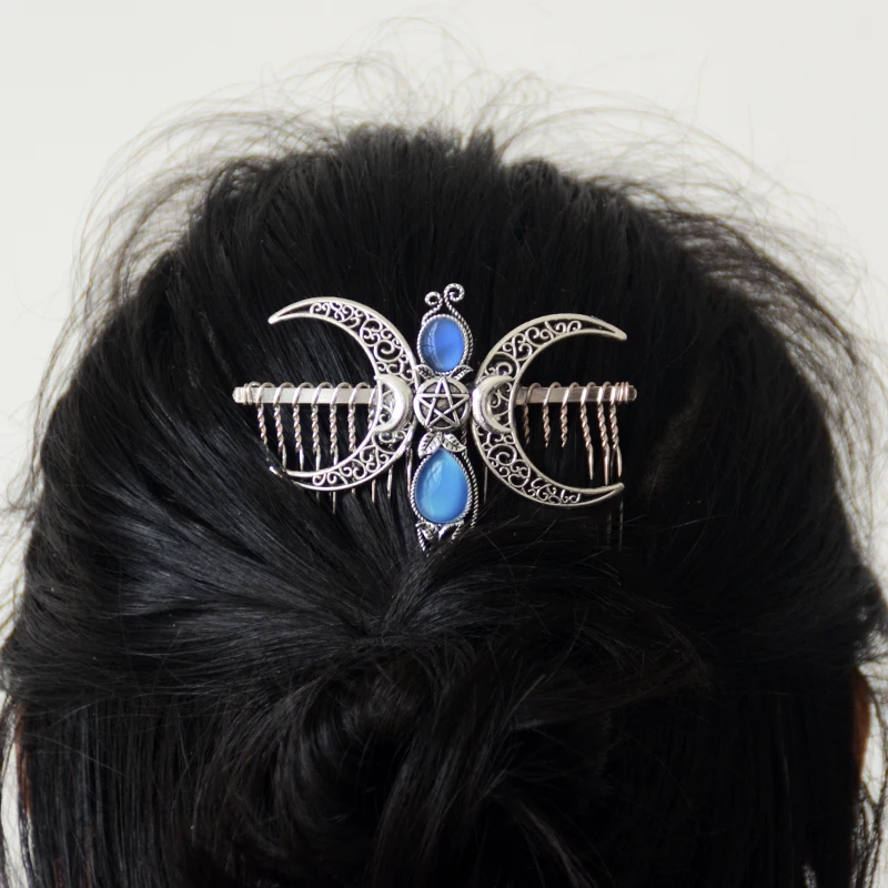 Witch Crystal Triple Crescent Moon Hair Comb Pagan Goddness Barrette Wicca Hair Jewelry for gift