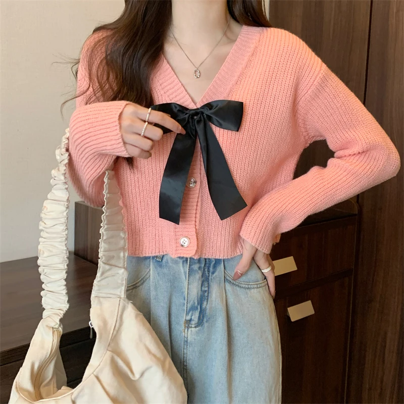 Autumn White Women Cardigan Korean Bow Sweet Slim Female Casual Sweater Fashion New V Neck Long Sleeve Ladies Crop Tops