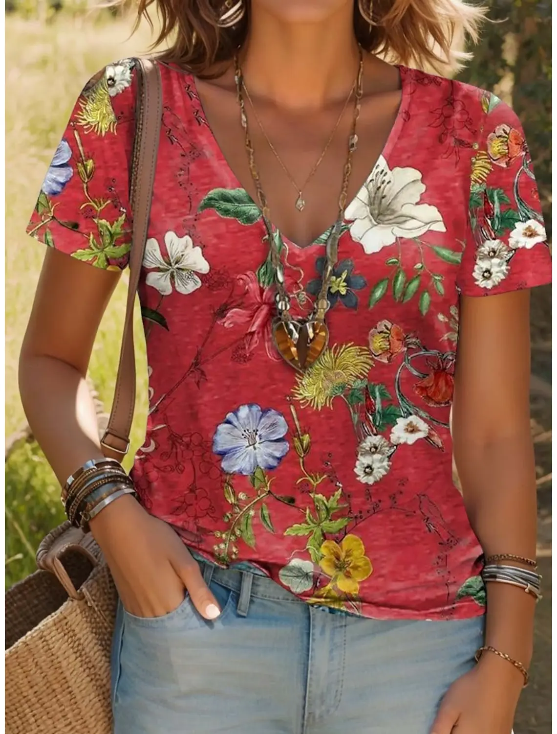

Summer New Women's T-Shirt 3D Vintage Floral Print V Neck Short Sleeve Shirt Fashion Ladies T-Shirt Clothing Y2k Women's T-Shirt