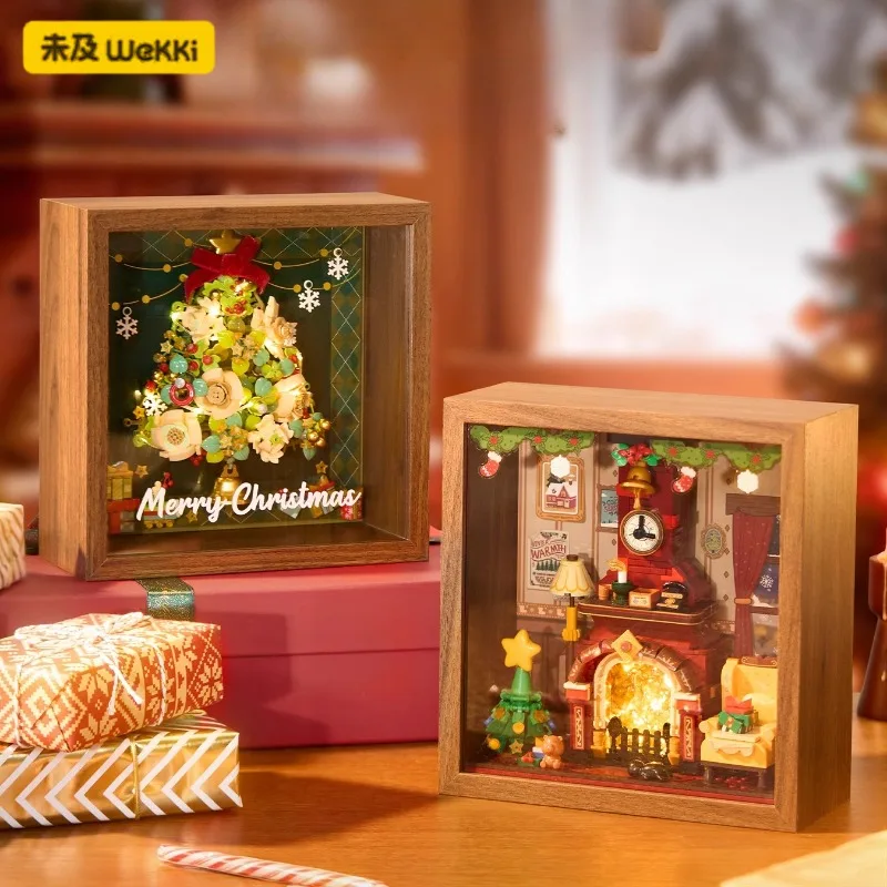 

Warm Winter Fireplace Building Block Christmas Tree Photo Frame Toy Collectible Model Desktop Ornament Children's Holiday Gift