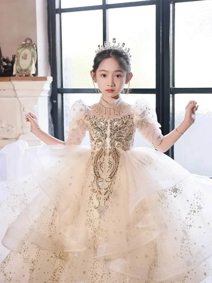 Kinder Hochzeit Blumenmädchen Hochzeit Mädchen Gastgeber Prinzessin Klavier Performance Kleid Frühling