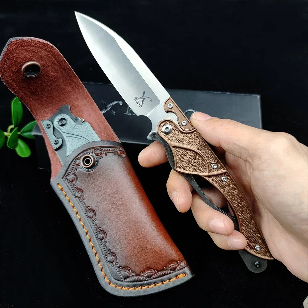 

Pocket Folding Knife D2 Drop Point Blade Metal Handles Outdoor Tactical Fishing Cutting Military EDC Tools Leather Sheath