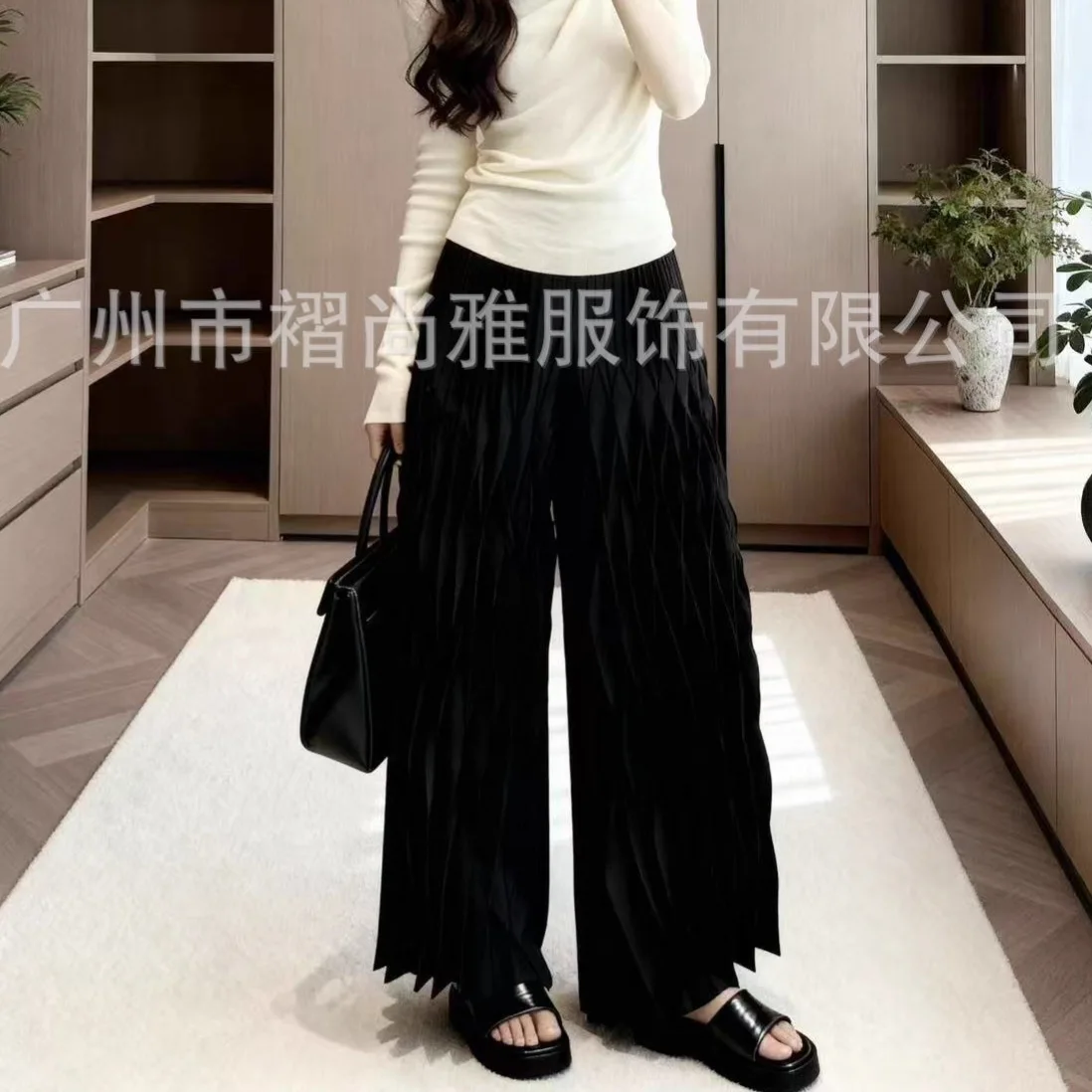 مياكي مطوي 2025 الخريف والشتاء جديد مطوي عالية الخصر بناطيل كاجوال ثنى موضة فضفاضة واسعة أرجل بنطلون أنثى