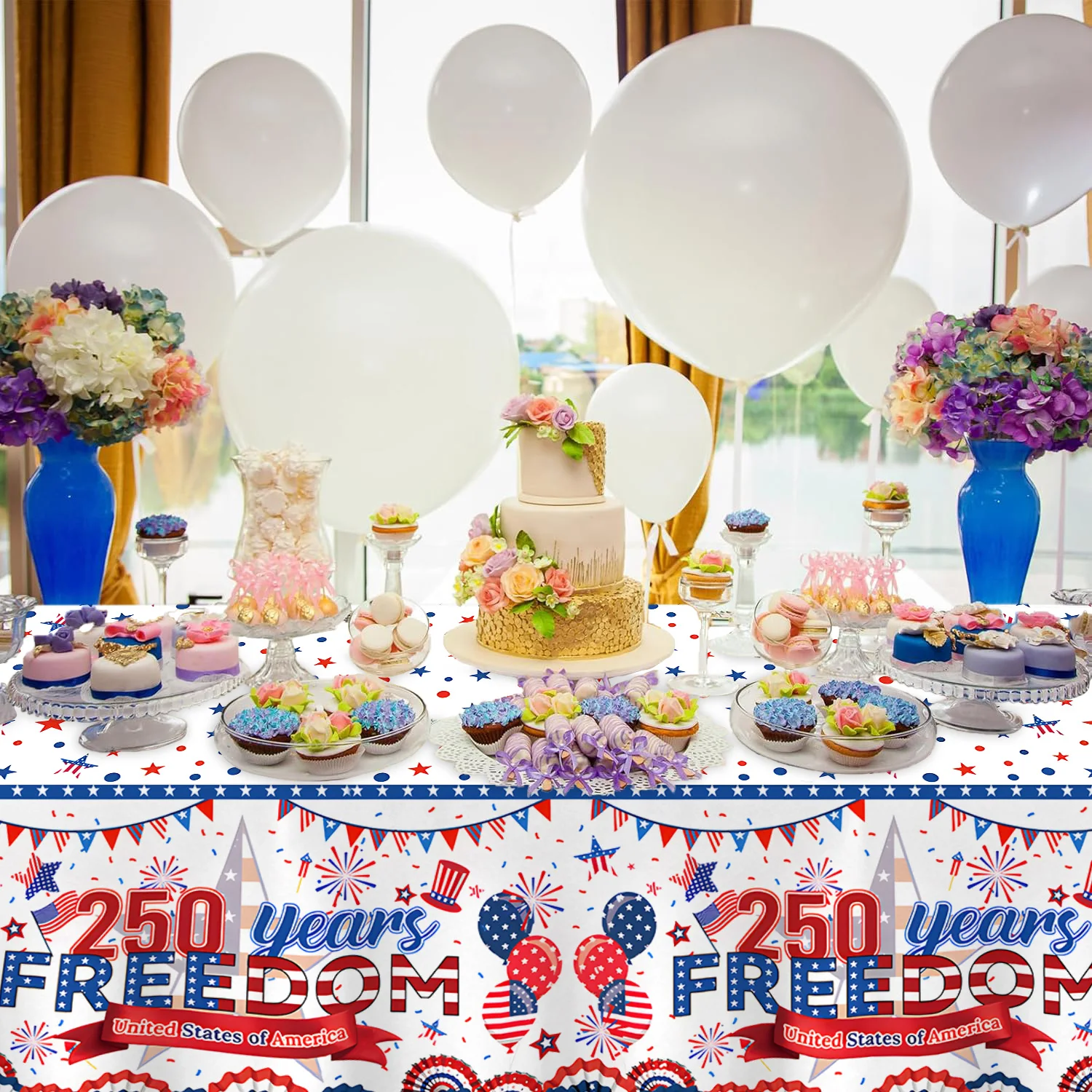 4th of July USA Flag Tablecloth Stars Stripes Rectangle Table Cover for Kitchen Outdoor Memorial Independence Day Decor 250th