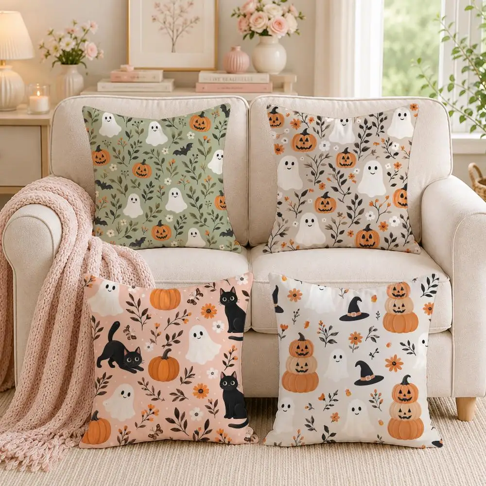 Floral Ghost Halloween Seamless Patterns Cushion Cover Double-Sided Printed Pillow Cover Hypoallergenic Dust-Mite Proof
