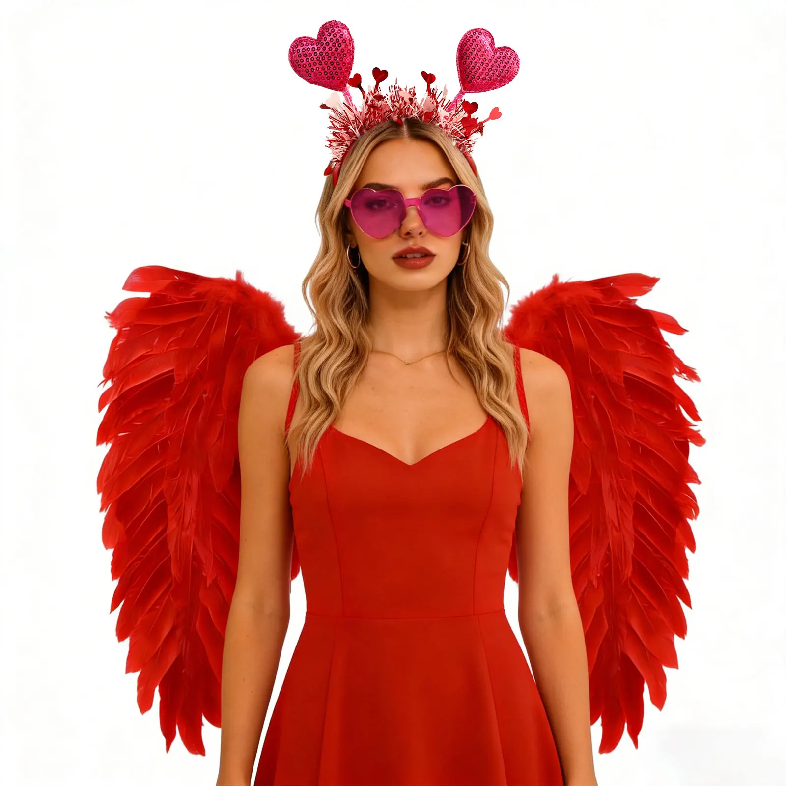 コスプレ ドレスアップ コスチューム アクセサリー 羽根 天使の羽 羽根 ヘッドバンド付き ハート型サングラスセット テーマパーティー用