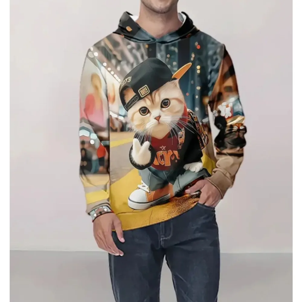 

Men's fashionable casual loose design cat pattern men's hooded sweatshirt printed Harajuku color top street minimalist men's swe