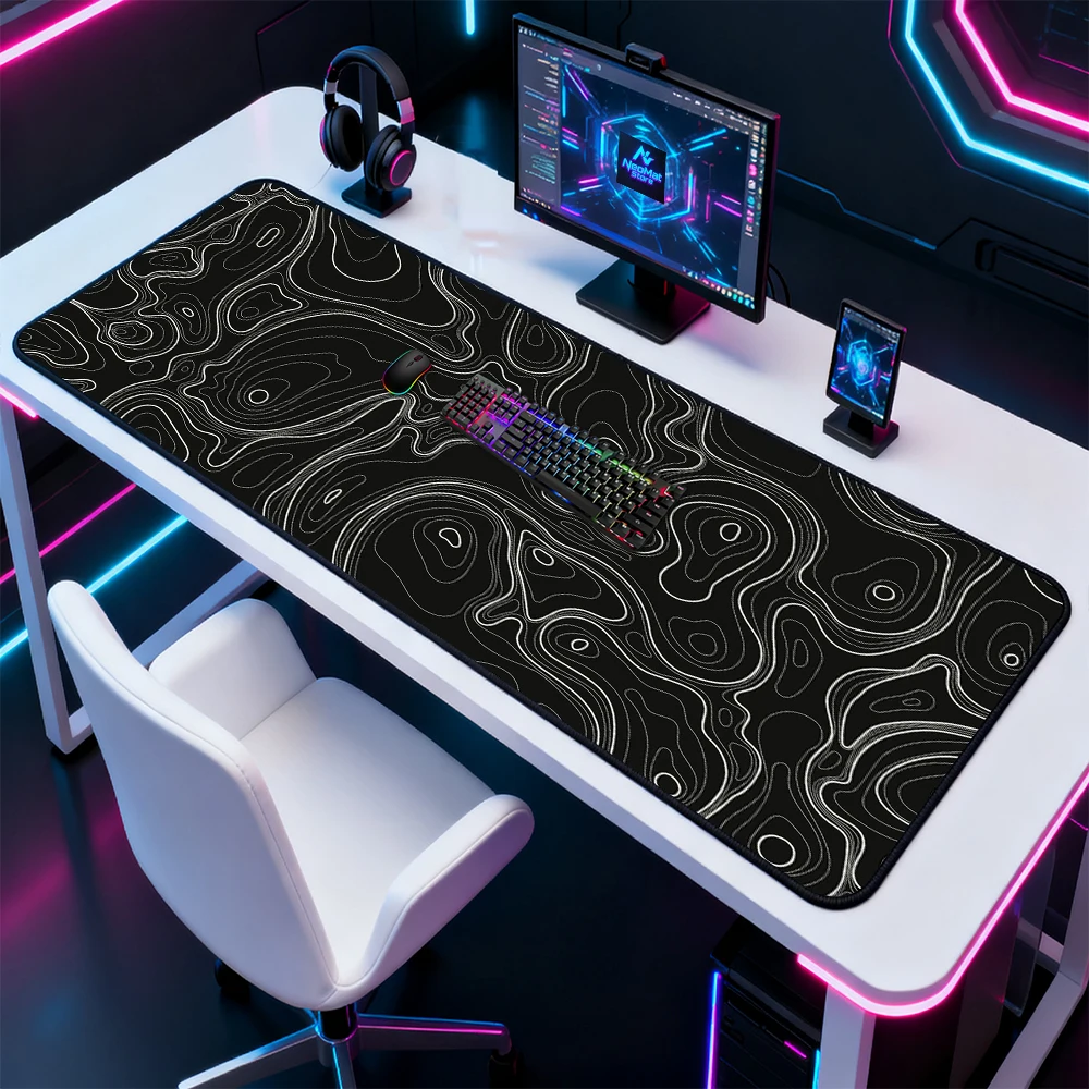 Topographic Contour Mouse Pad Large Gaming Desk Mat 180x60 140x60 Monochrome Mousepad Abstract Black White XXXL Decor