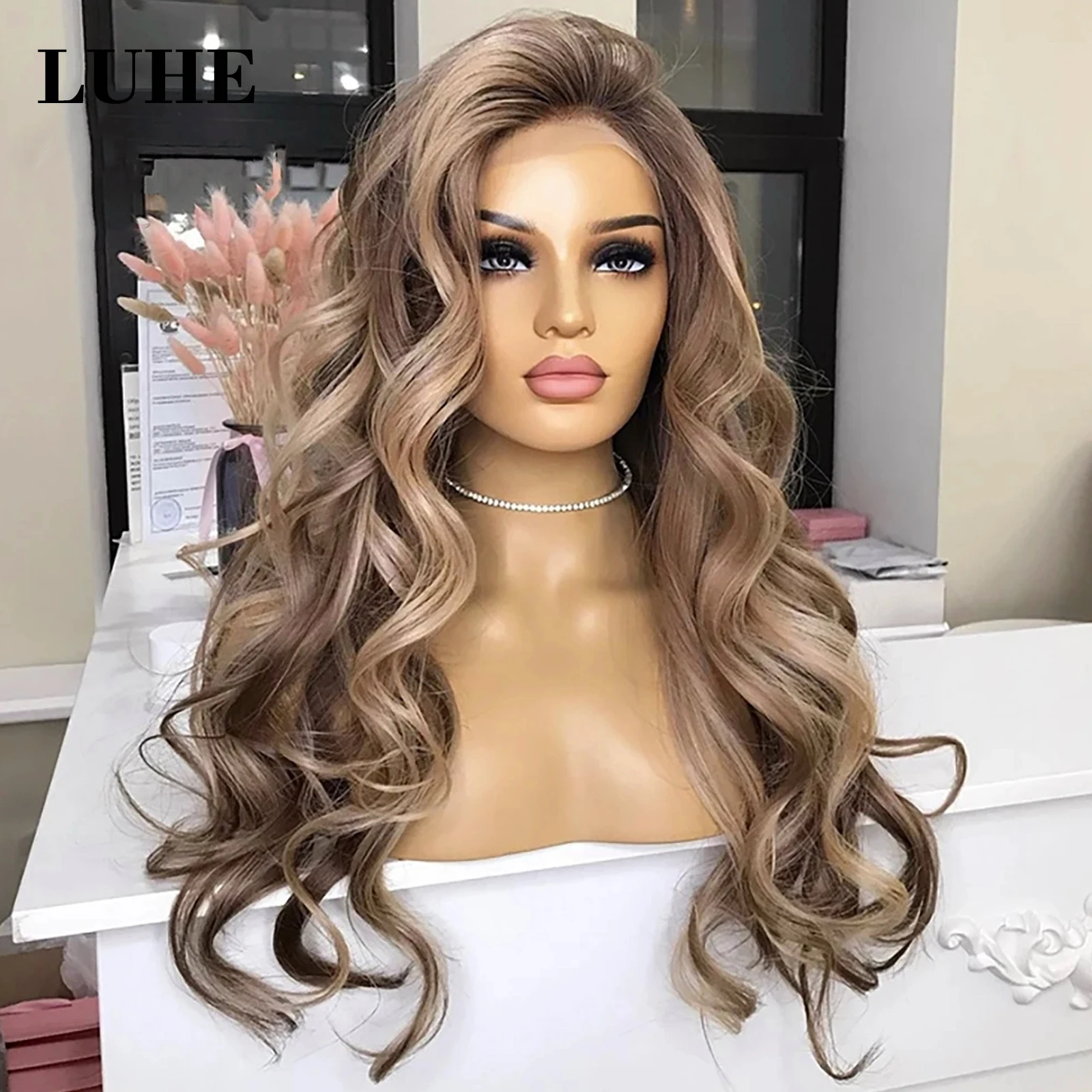 30 Polegada longo ondulado ombre cinza marrom cabelo sintético perucas dianteiras do laço para as mulheres cinza loira destaque 13x3 peruca frontal do laço uso diário