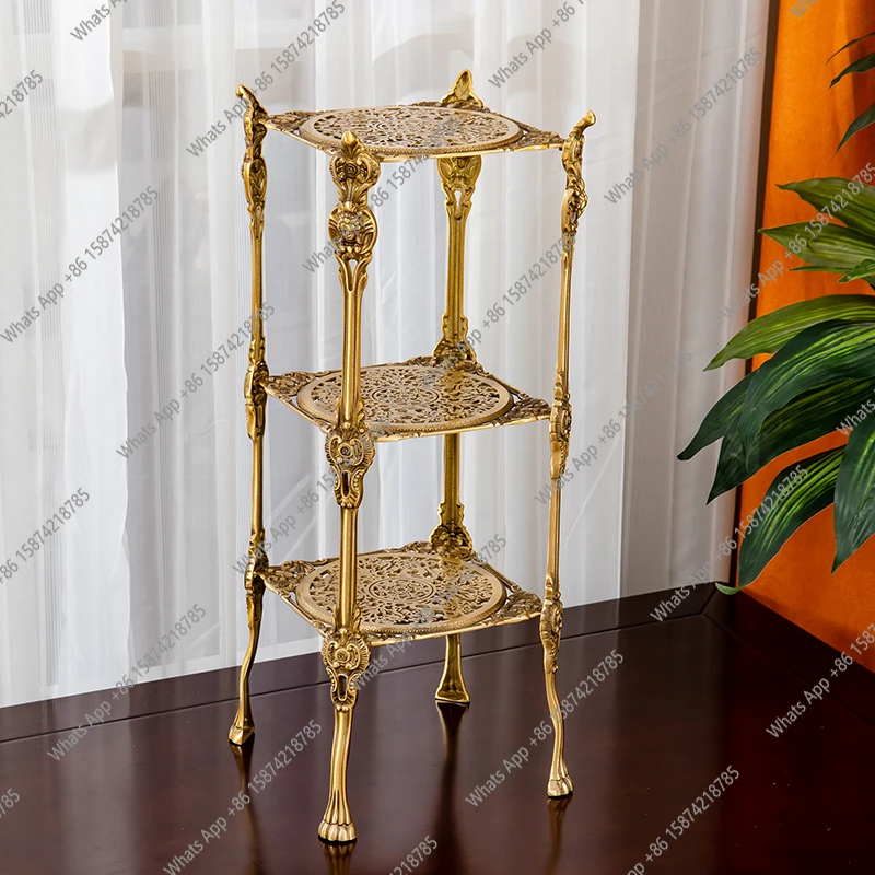 

Retro carved shelf, living room side table three-layer hollow flower stand, light luxury brass storage rack edge few