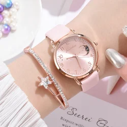 Women Watch Moon Numbers Dial Bracelet Watches Set Ladies Leather Band Quartz Wristwatch Women Female Clock Relogio Mujer No Box
