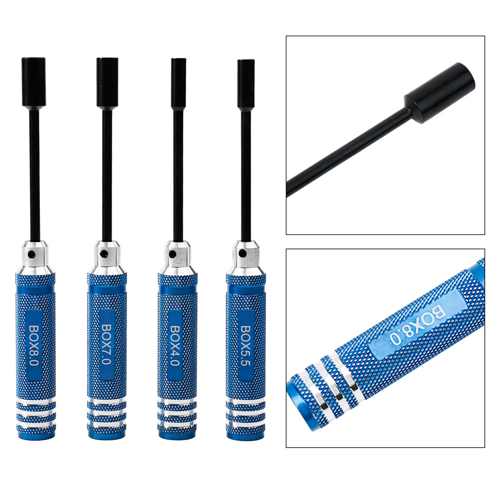 

Nut Driver Socket Kit for RC Hobby, 4Pcs Hex Screwdriver Set, Sizes 4 0mm 5 5mm 7 0mm 8 0mm, Black/Blue Handles