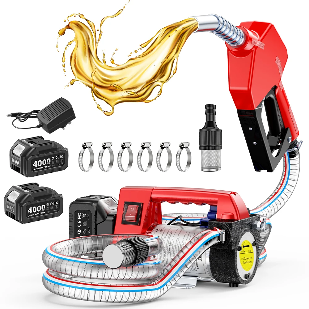 Pompe de transfert de carburant TaskStar, kit de pompe électrique 12 GPM alimenté par batterie avec 2 batteries 18 V 4,0 Ah et chargeur, pompe portable sans fil avec buse à arrêt automatique et 2 tuyaux de 6,6 pieds pour le transfert de diesel et de kérosène