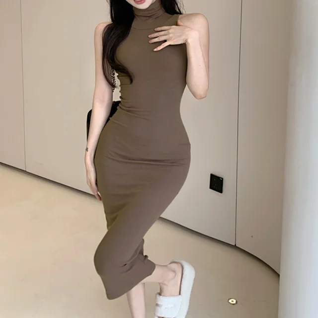 Summer Women Sexy Slim Turtleneck Sleeveless Dresses Female Vestidos Tank Dress Woman Skinny Elastic Culb Pencil Dresses