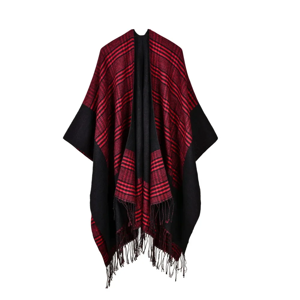 Women's  Tassel Imitate Cashmere Shawl  Autumn Winter Can Be Thickened Wear on Both Sides Lady Ponchos Capes Pink