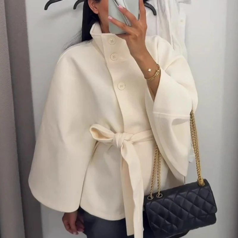 

Stand Up Collar, Waist Cinching, Slimming Effect, Lace Up Woolen Coat for Women, 2025 New Model