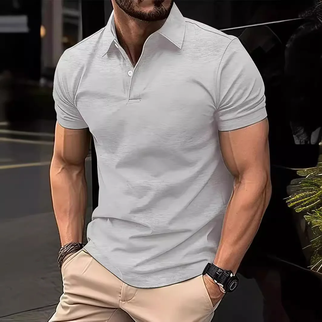 

2024 New Cross border Men's Casual Solid Color Button Short Sleeve T-shirt with Beaded Small Diagonal Polo Shirt for Men