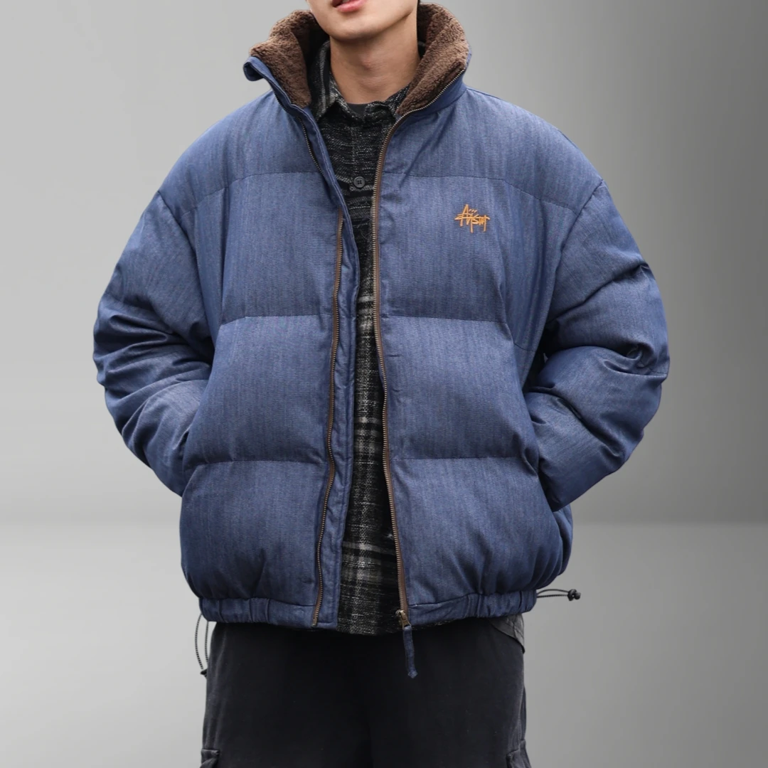 Mens Womens Winter American Vintage Padded Jacket Maroon Brown Embroidered Stand Collar Heavyweight Warm Casual Trendy Coat