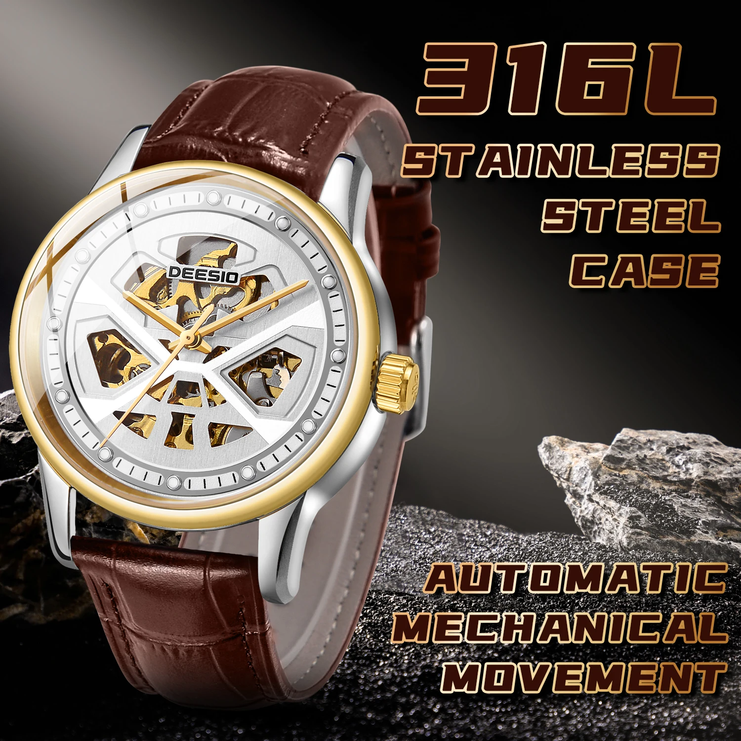 นาฬิกาข้อมือผู้ชาย Dessio ระบบอัตโนมัติ กลไกไขลานอัตโนมัติ ตัวเรือนสแตนเลสแบบโปร่ง สายหนังแท้ เรืองแสง สไตล์สปอร์ต หรูหรา