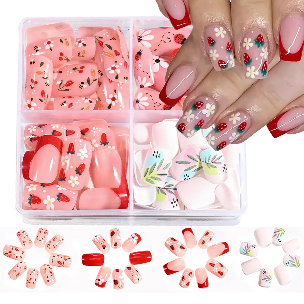 96Pcs Elegant Pink Short Square Press-On Nail Flower/Cherry/Strawberry Accents-Glossy Finish Removable False Nails Tip For Women