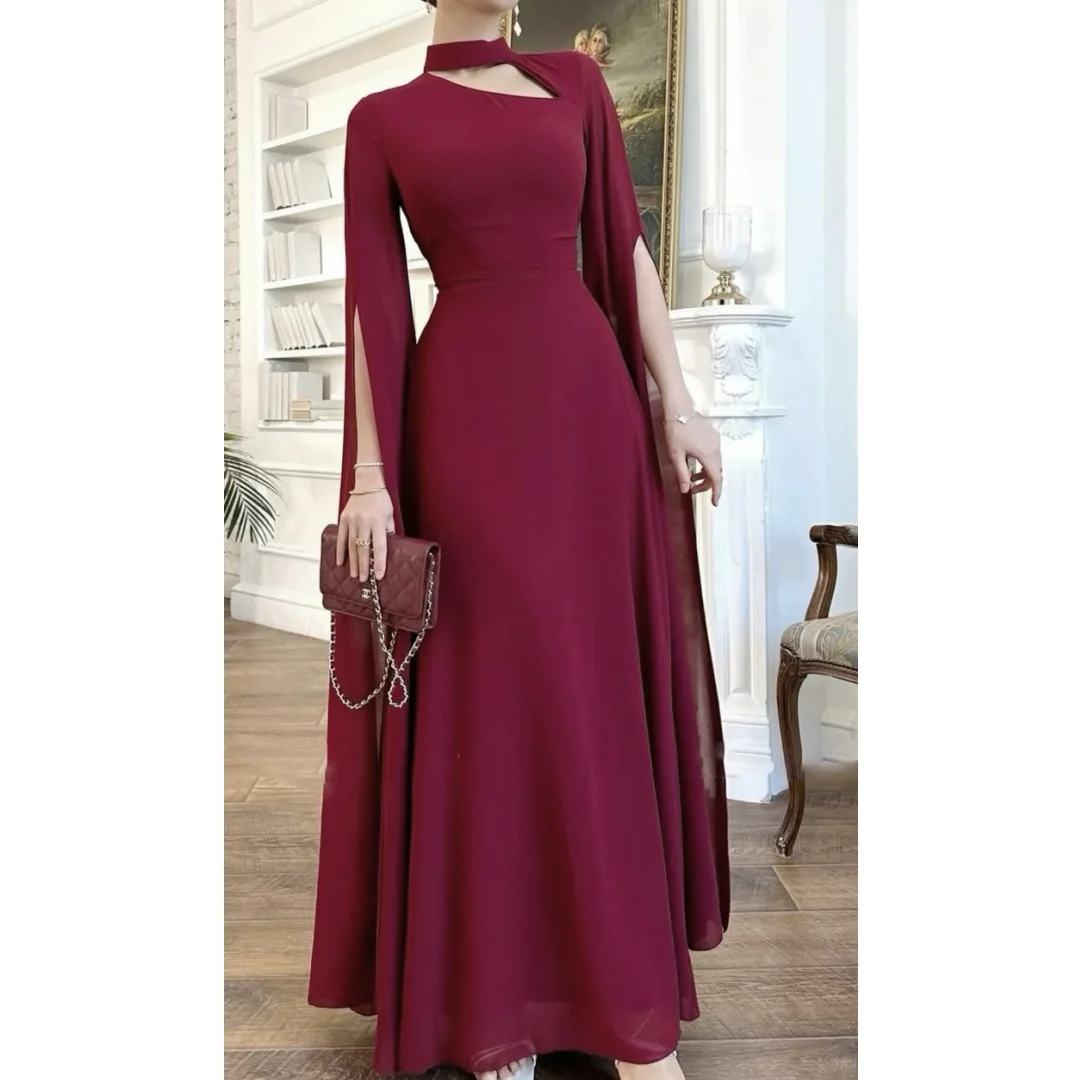 

Asymmetric Hollow Out Evening Dresses Women Long Sleeves Prom Gown Full Length Elegant Gala Party Dress Vestidos