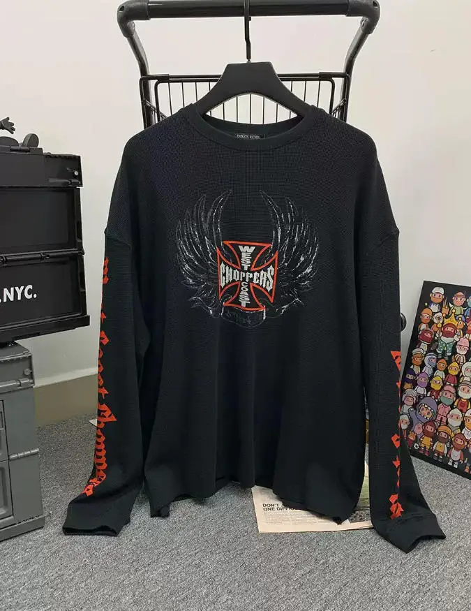 American West Coast Long Sleeve High Street Streetwear Cross Print Heavyweight Loose Fit Waffle Long Sleeve T-Shirt Men Women