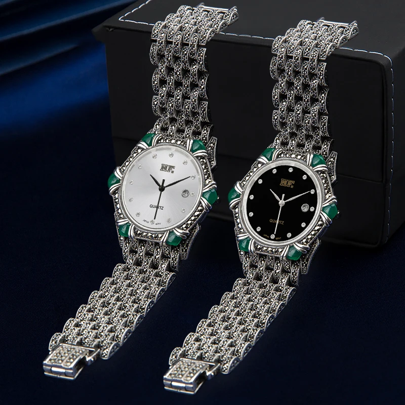 YYSUNNY Classic Polygon Watch S925 Sterling Silver Strap Inlaid Green Onyx Vintage High Quality Ladies Jewelry Birthday Gift
