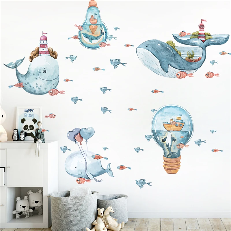 Cute Whale Ocean Fishes Pattern Wall Stickers For Kids Bedroom Bathroom Decoration Cartoon Mural Art Diy Home Decals Pvc Poster