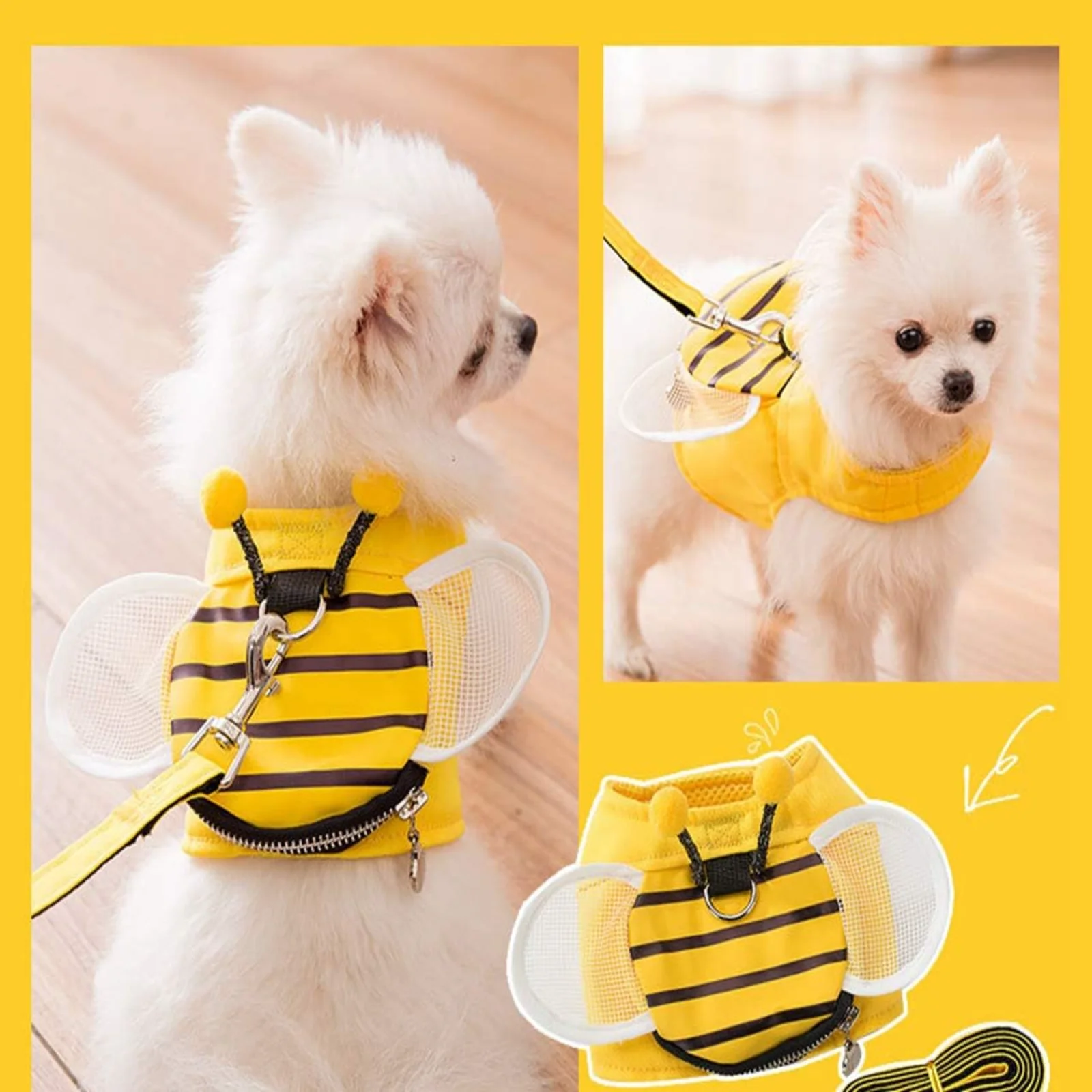 

Puppy Bee Harness Soft Nylon Mesh Vest Backpack with Leash Adjustable Straps No-Choke Breathable for Dog Walking Playing
