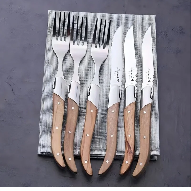 

8" Laguiole Steak Knife Table Knives Dinner Fork Stainless Steel Dinner Knife Olive Handle Flatware Cutlery Dinnerware 6/8/10pcs