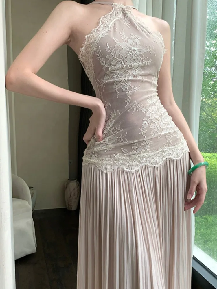 女性ヴィンテージレースホルターロングパーティードレスセクシーなスパゲッティストラップ背中の開いたイブニングウエディングエレガントなノースリーブスリム Vestidos Mujer 新しい