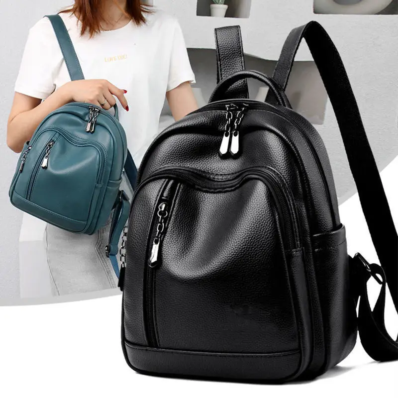 Pu Soft Leather Simple Commuting Pure Color Versatile Large Capacity Korean Version Portable Backpack for Women