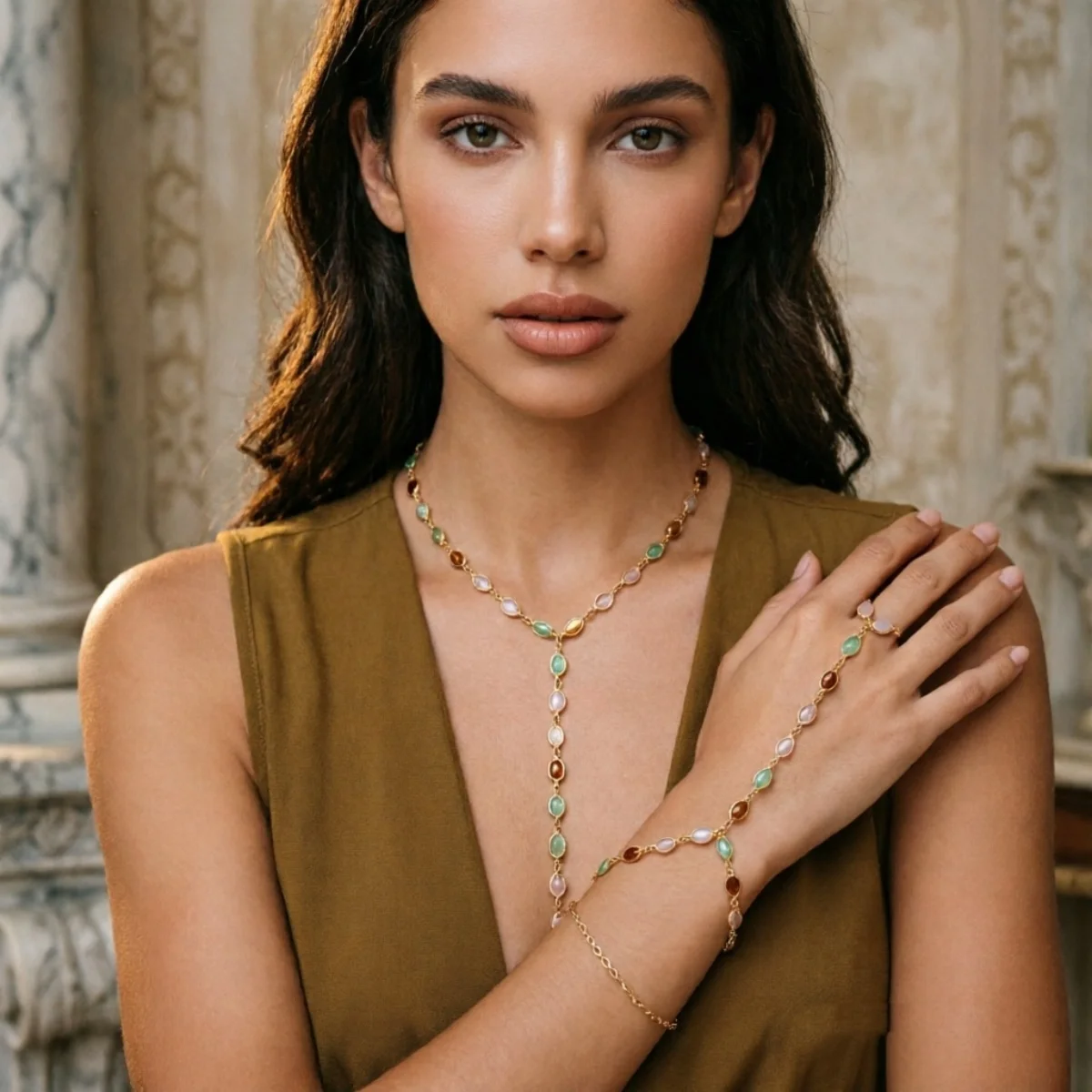 Buntes ovales Harz-Splice-Y-Drop-Halsketten- und Fingerarmband-Set für Frauen, eleganter Vintage-Geometrischer Langer Quasten-Choker-Schmuck – Detail 21