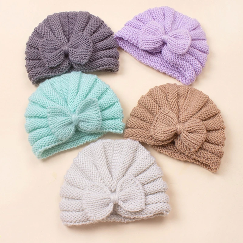 Autumn Winter Warm Baby Hat Knitted Big Bow Knot Baby Turban Hat Elastic Kids Newborn Beanie Cap for 0-2 Year Boys Girls Bonnet