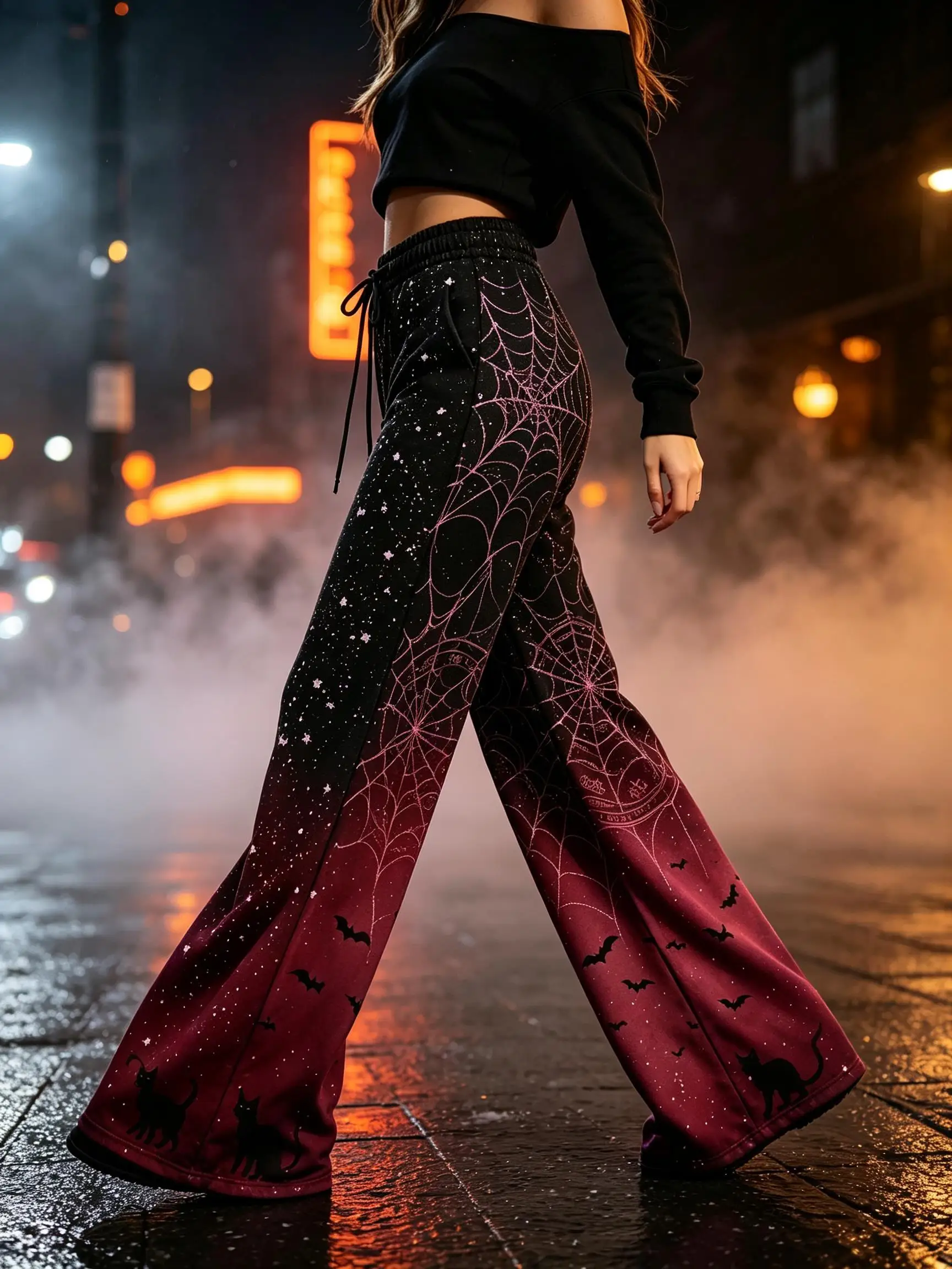 Women Halloween Gradient Wide Leg Sweatpants Spider Web Bat Owl Print Drawstring Waist Trousers With Pockets