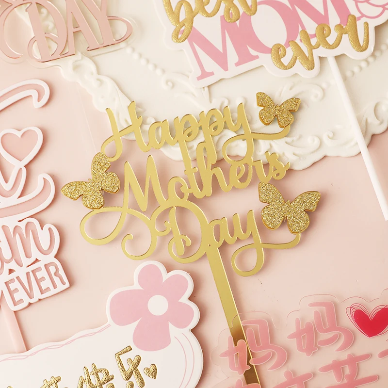 10pc Best Mom Mother\'s Day Party Cake Topper Pink Red Love You Mum Acrylic Cake Topper for Mommy Birthday Party Cake Decor Gift